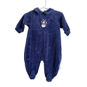 First Moments blue velour one piece long sleeve footie embroidered snowman 0/3m